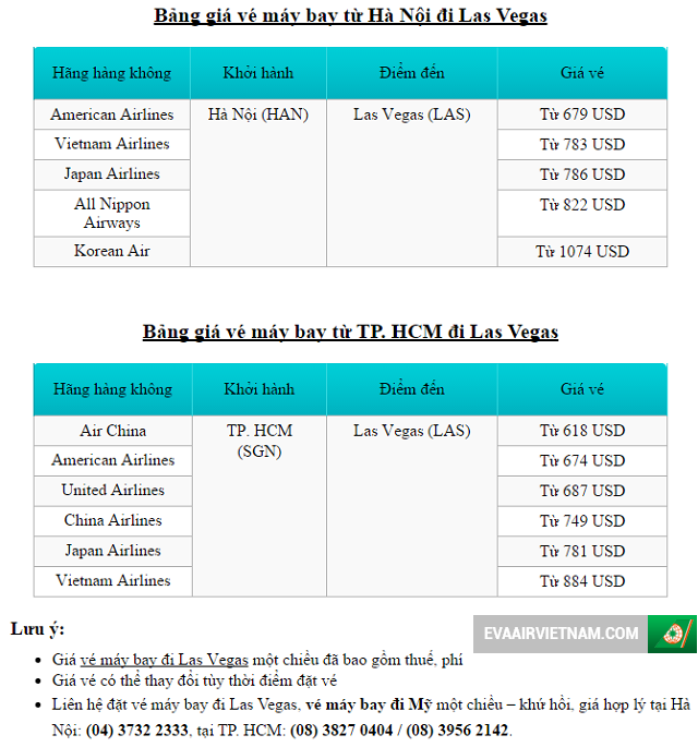 Giá vé máy bay đi Las Vegas cập nhật mới nhất bởi Evaairvietnam.com